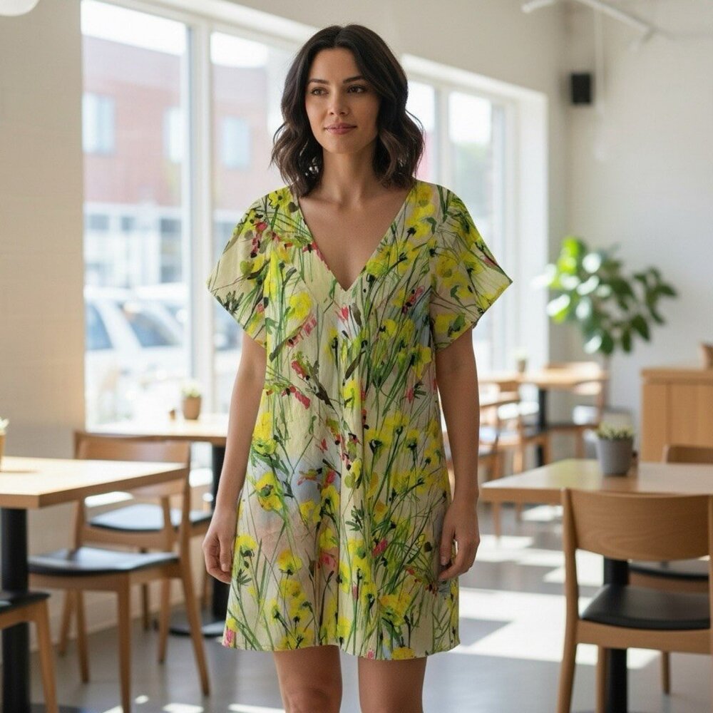Daniela Corte Dress Short Sleeve Floral V Neck  Mini Yellow Size XS Retails $695